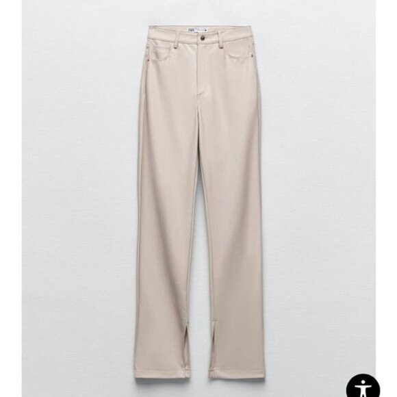ZARA Faux Leather Super High Rise Slim Flare Pants Slit Size 2 34 Long Beige - Picture 12 of 14